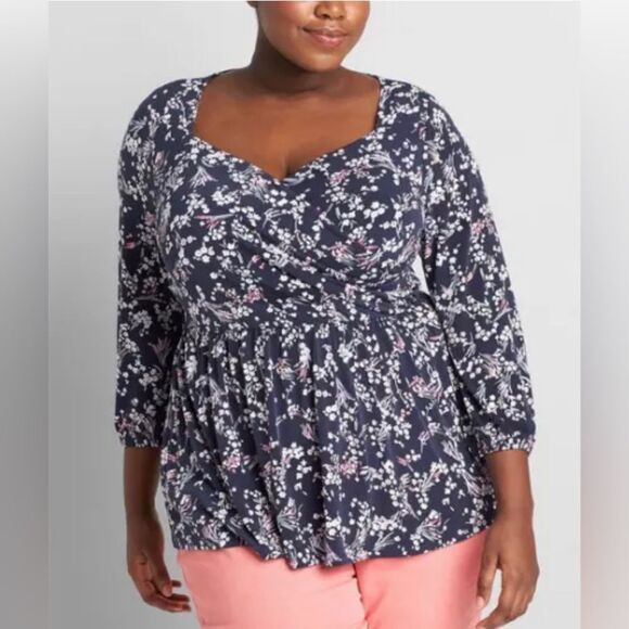Lane Bryant Floral Faux Wrap 3/4 Length Sleeves Blouse in Size 14/16 - Picture 1 of 9